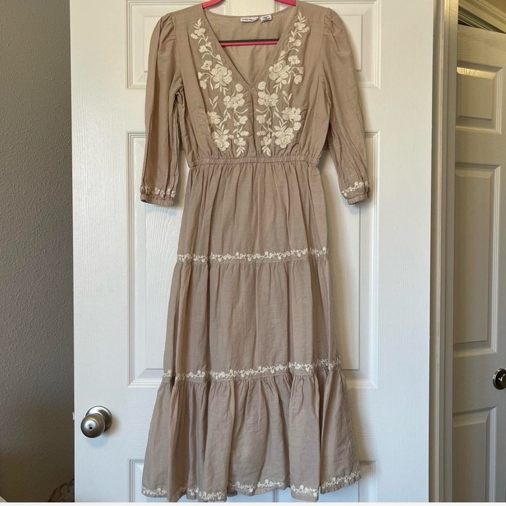 Embroidered Beige Midi Dress